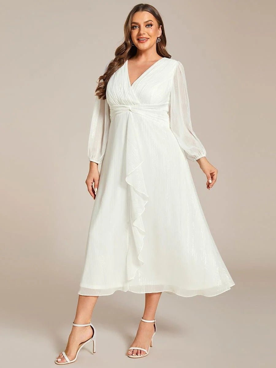 Sheer Sleeve Twist Knot Shimmering Evening Dress