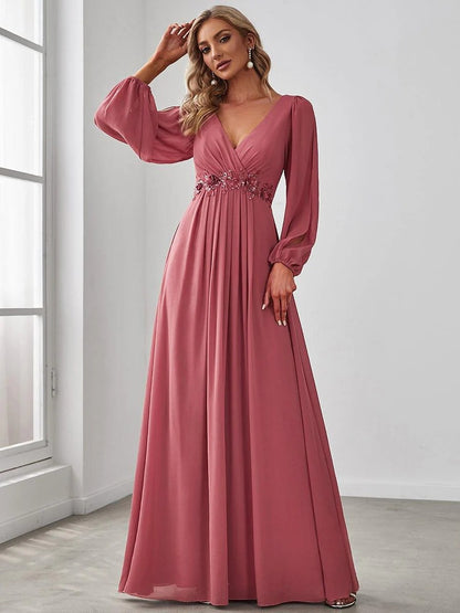 V-Neck Long Sleeve Chiffon Evening Dress