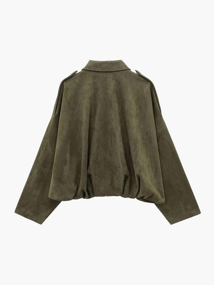 Faux Suede Collared Bomber Jacket for Women