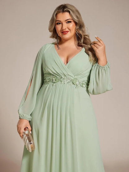 V-Neck Long Sleeve Chiffon Evening Dress