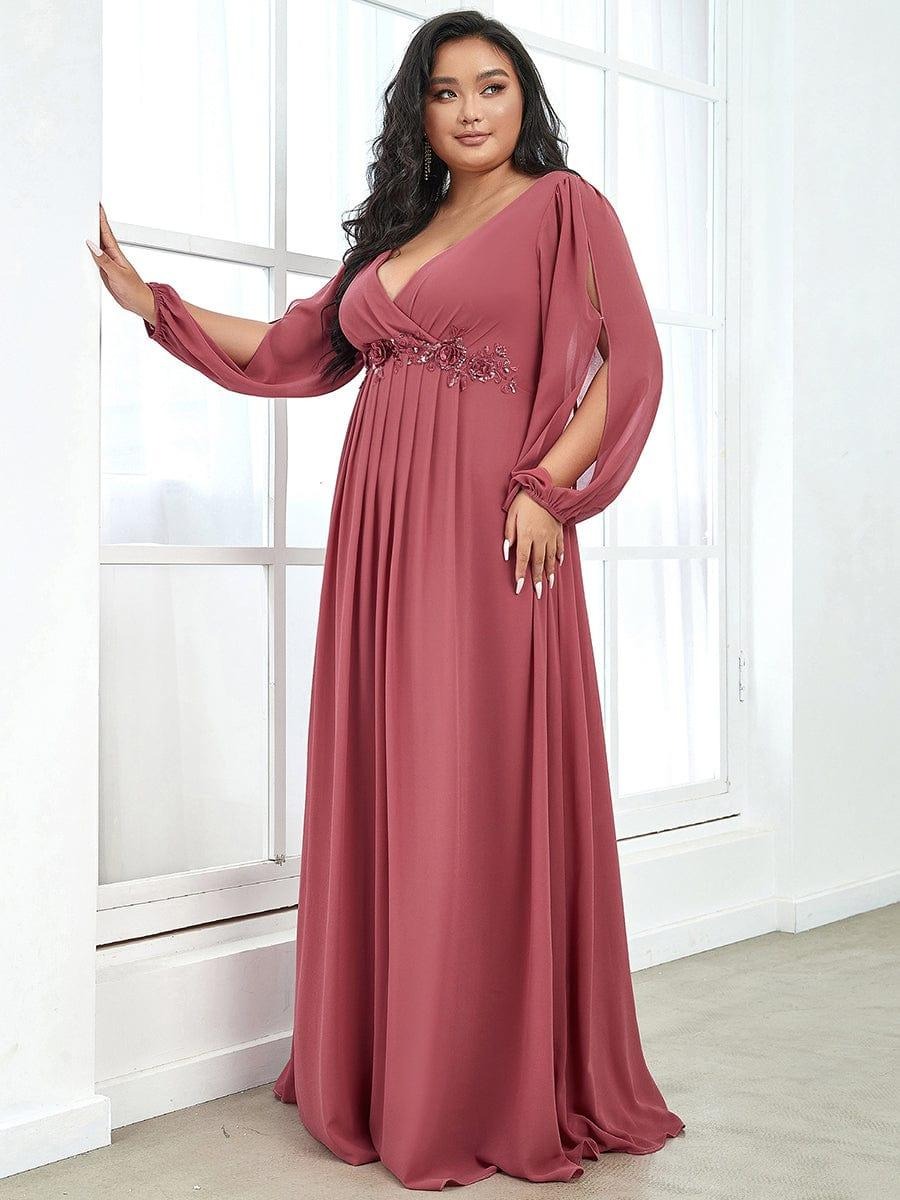 V-Neck Long Sleeve Chiffon Evening Dress