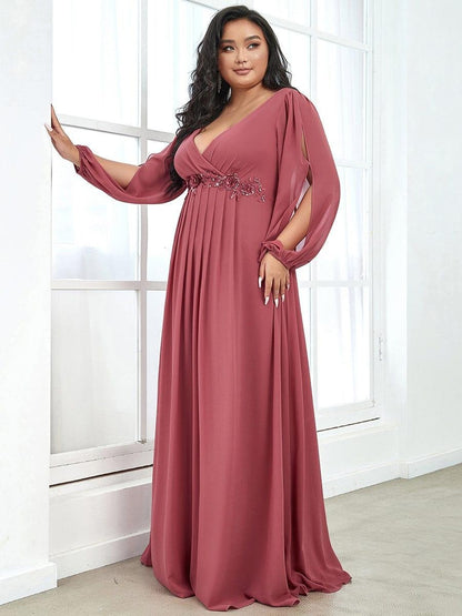 V-Neck Long Sleeve Chiffon Evening Dress