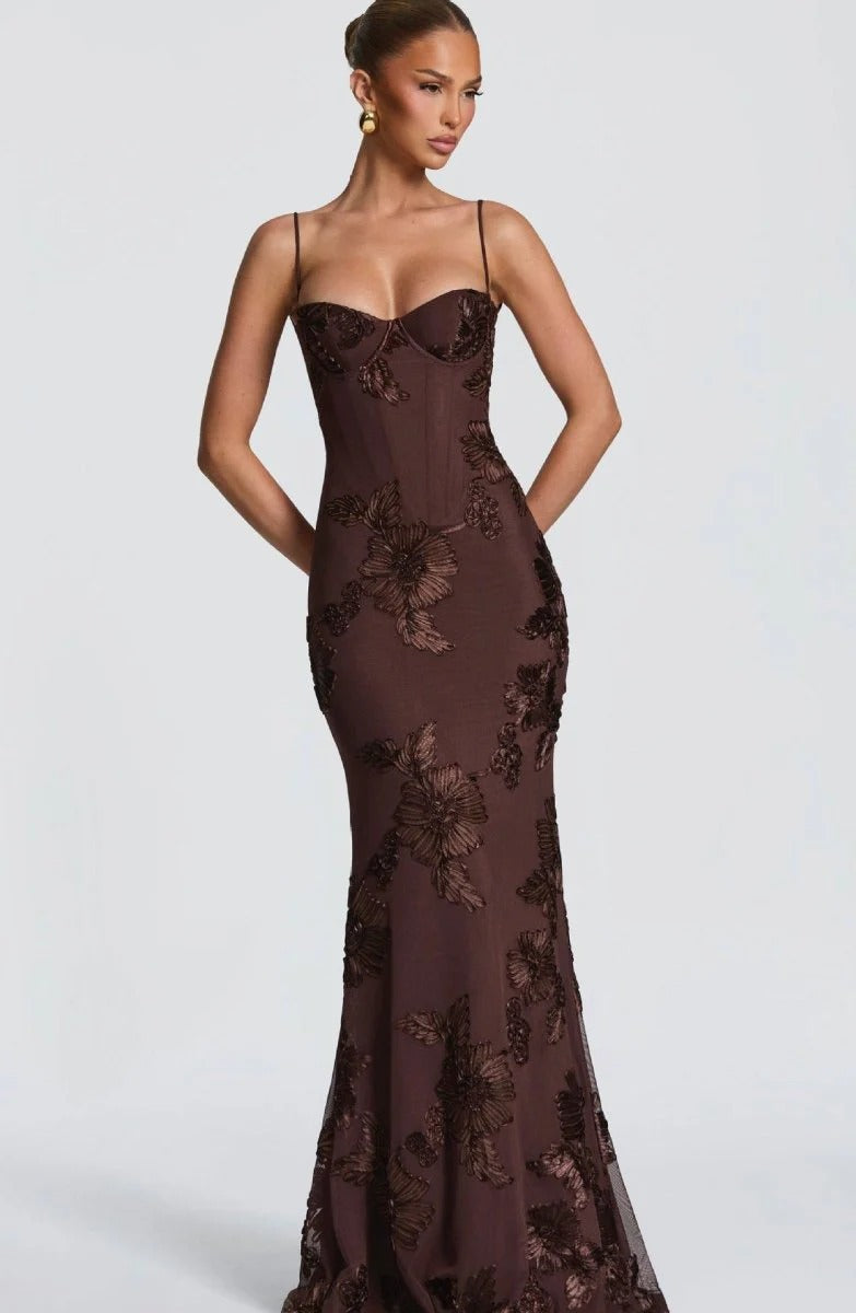 Sweetheart Floral Applique Maxi Dress with Open Back