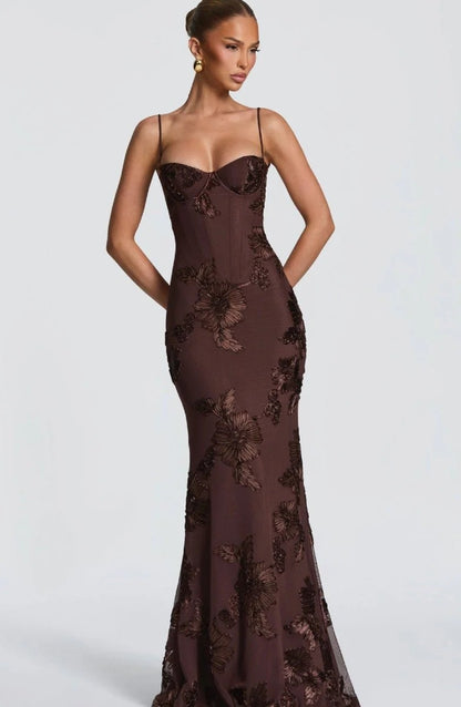 Sweetheart Floral Applique Maxi Dress with Open Back