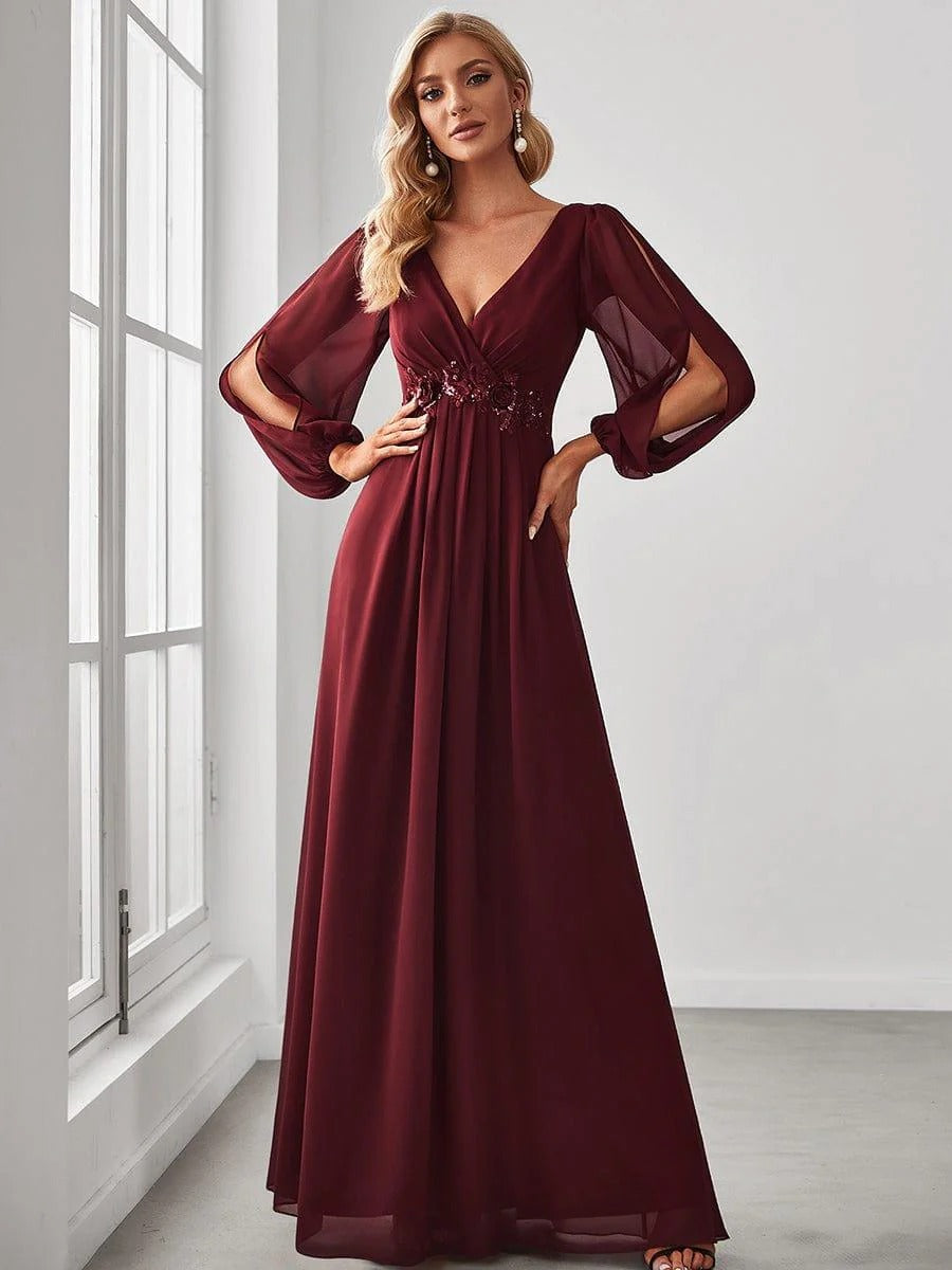 V-Neck Long Sleeve Chiffon Evening Dress