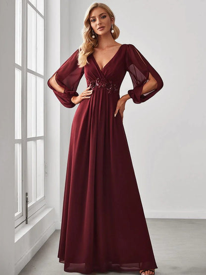 V-Neck Long Sleeve Chiffon Evening Dress