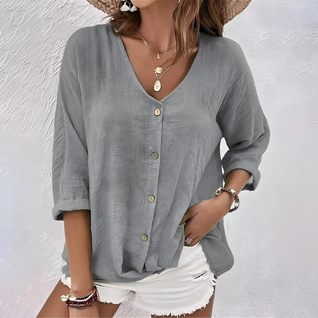 Relaxed Button-Up Blouse with V-Neckline