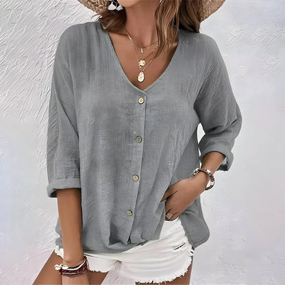 Relaxed Button-Up Blouse with V-Neckline