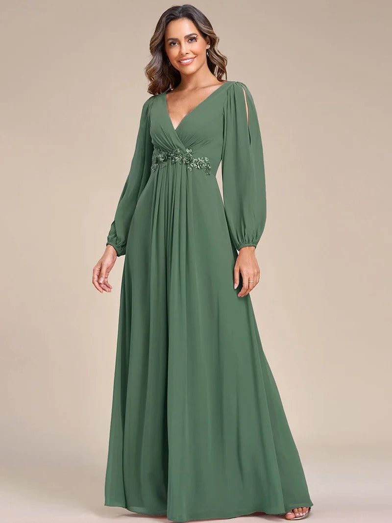 V-Neck Long Sleeve Chiffon Evening Dress
