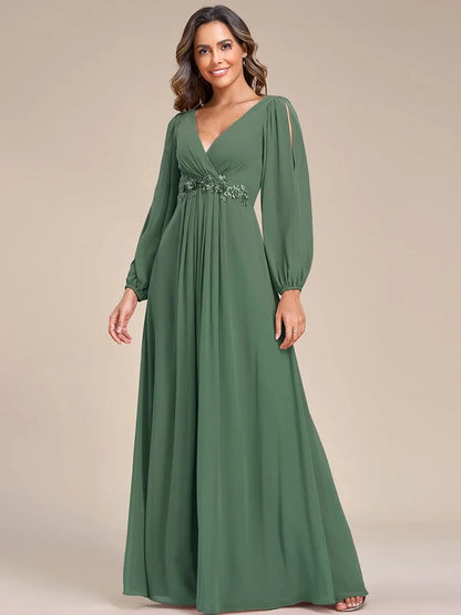 V-Neck Long Sleeve Chiffon Evening Dress