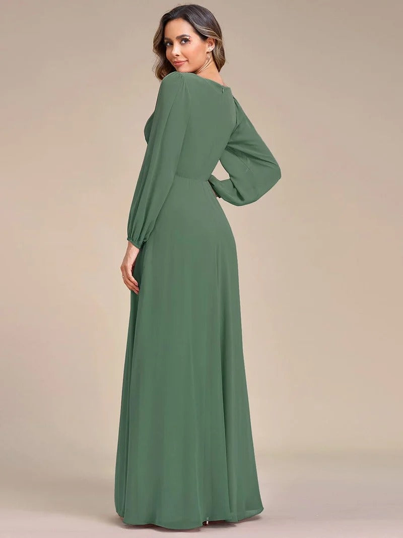 V-Neck Long Sleeve Chiffon Evening Dress