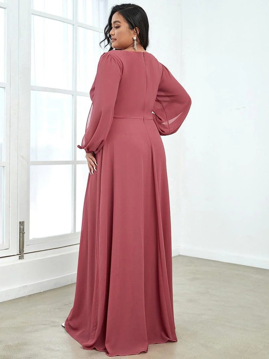V-Neck Long Sleeve Chiffon Evening Dress