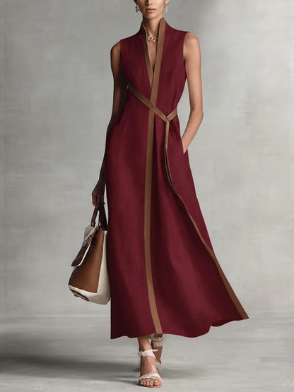Sleeveless Minimalist Maxi Dress with Crossed Waist Ties