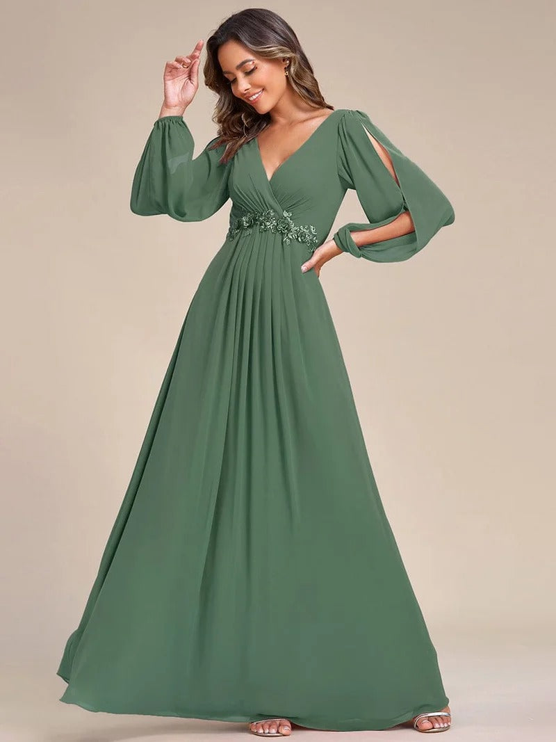 V-Neck Long Sleeve Chiffon Evening Dress