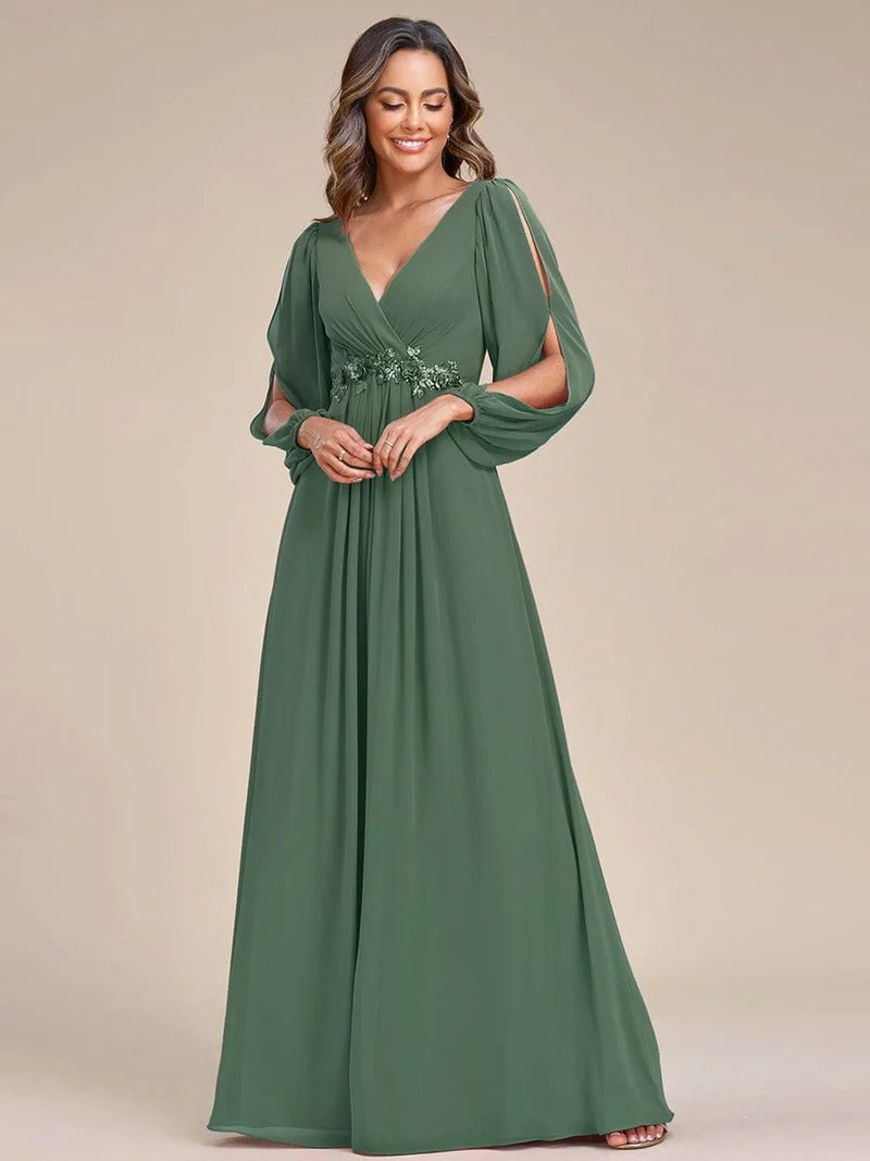V-Neck Long Sleeve Chiffon Evening Dress