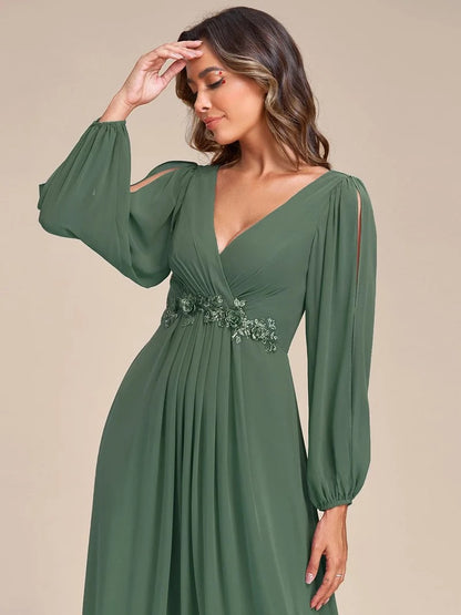 V-Neck Long Sleeve Chiffon Evening Dress