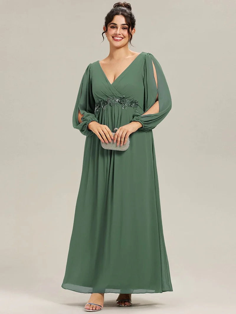 V-Neck Long Sleeve Chiffon Evening Dress
