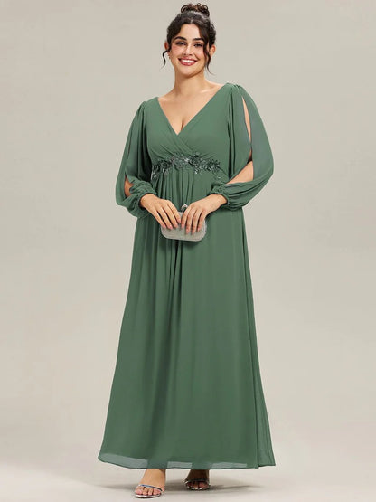 V-Neck Long Sleeve Chiffon Evening Dress