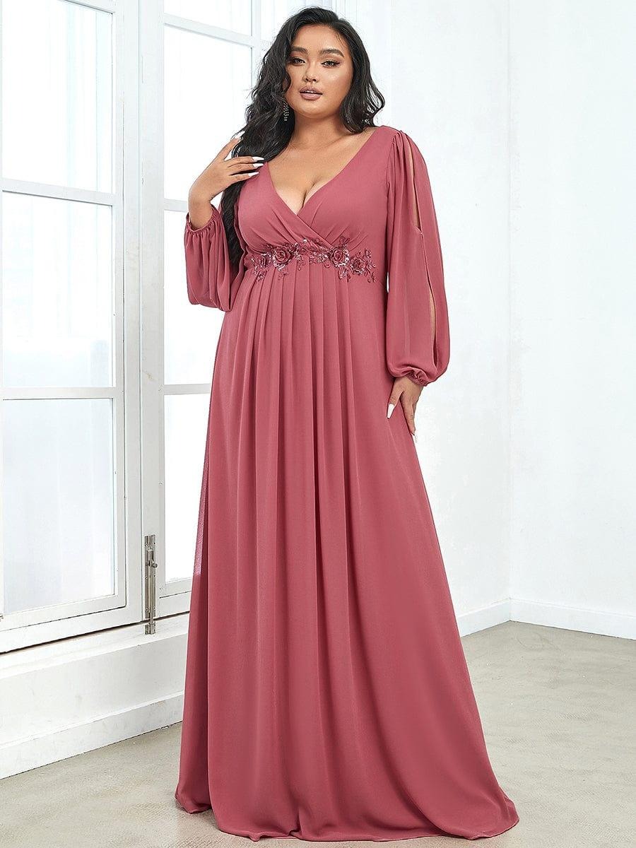 V-Neck Long Sleeve Chiffon Evening Dress
