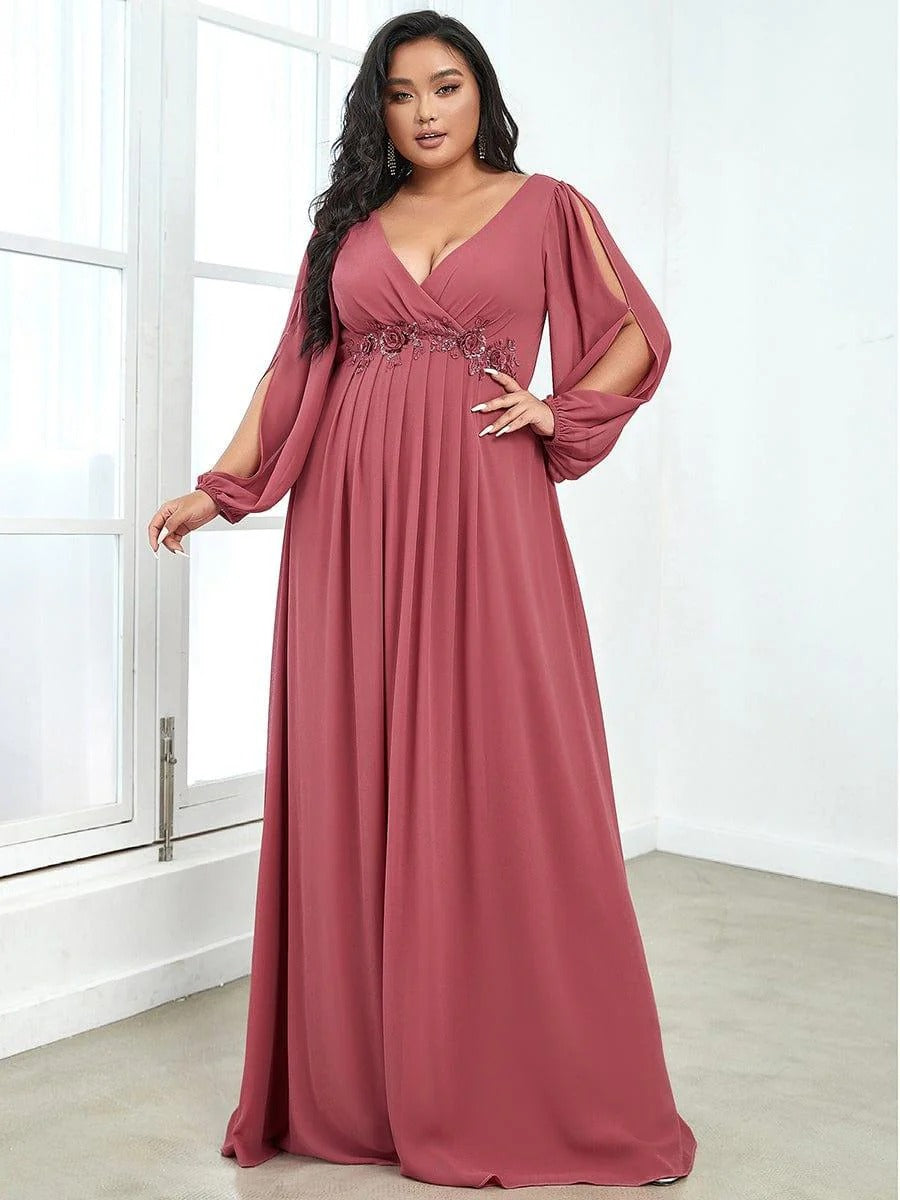 V-Neck Long Sleeve Chiffon Evening Dress