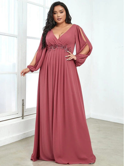 V-Neck Long Sleeve Chiffon Evening Dress