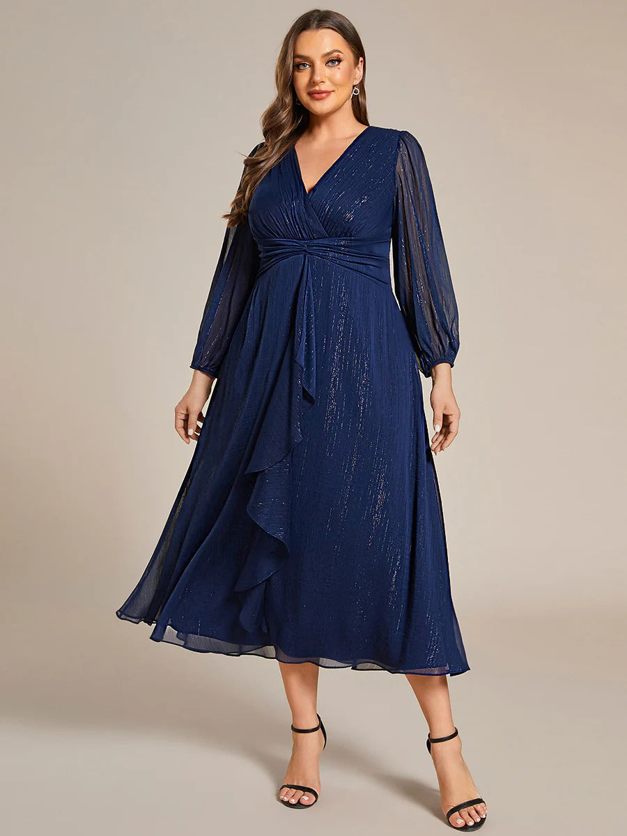 Sheer Sleeve Twist Knot Shimmering Evening Dress
