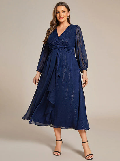 Sheer Sleeve Twist Knot Shimmering Evening Dress