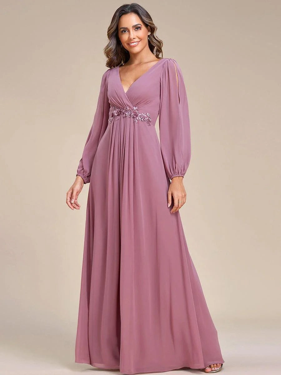 V-Neck Long Sleeve Chiffon Evening Dress
