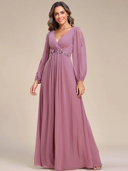 V-Neck Long Sleeve Chiffon Evening Dress