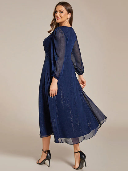Sheer Sleeve Twist Knot Shimmering Evening Dress