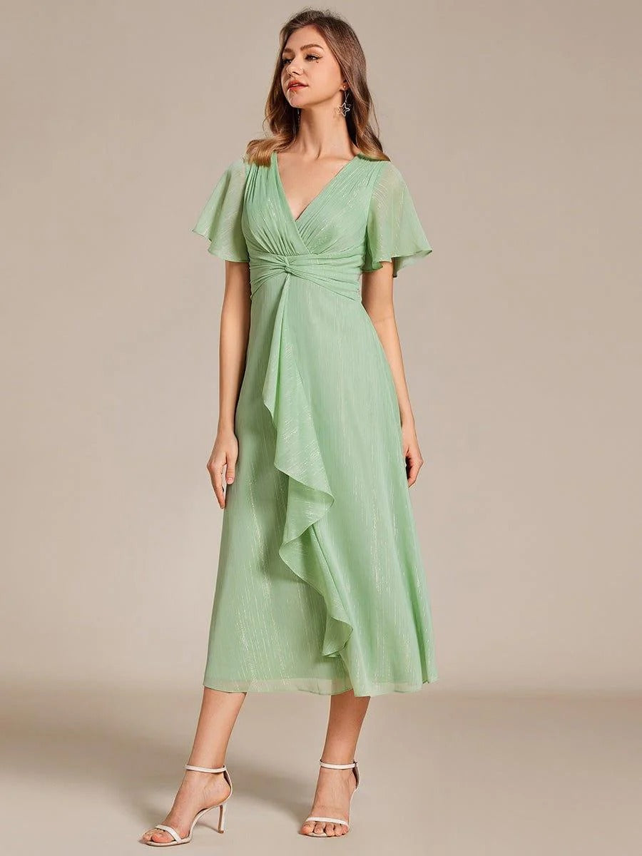 Sheer Sleeve Twist Knot Shimmering Evening Dress