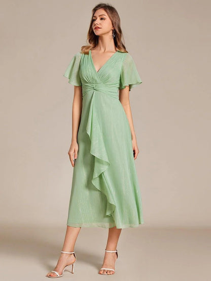 Sheer Sleeve Twist Knot Shimmering Evening Dress