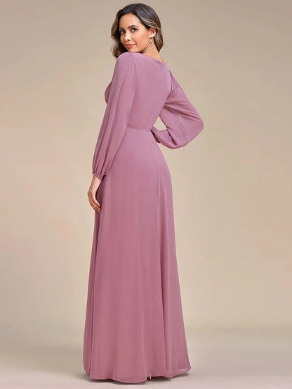 V-Neck Long Sleeve Chiffon Evening Dress