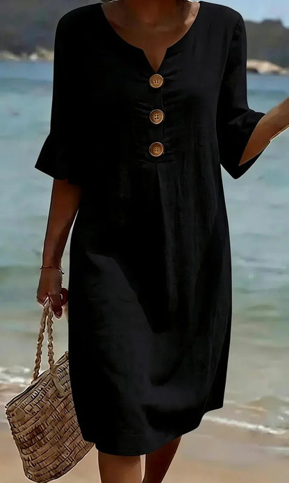 Women's Summer Midi Dress | Linen Look with Wooden Buttons & Ruffled Sleeves