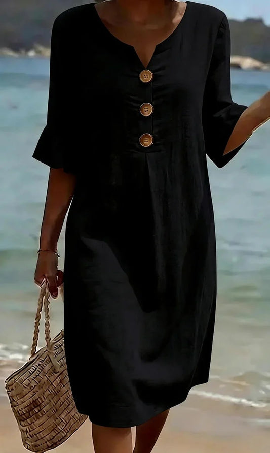 Women's Summer Midi Dress | Linen Look with Wooden Buttons & Ruffled Sleeves