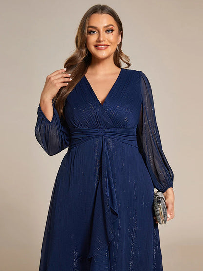 Sheer Sleeve Twist Knot Shimmering Evening Dress