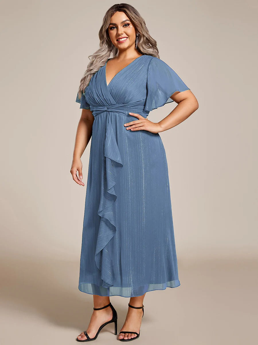 Sheer Sleeve Twist Knot Shimmering Evening Dress