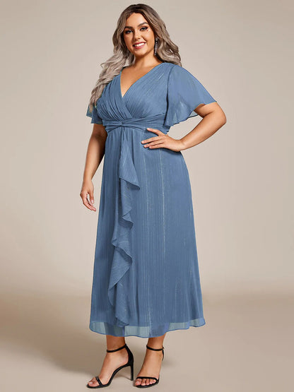 Sheer Sleeve Twist Knot Shimmering Evening Dress