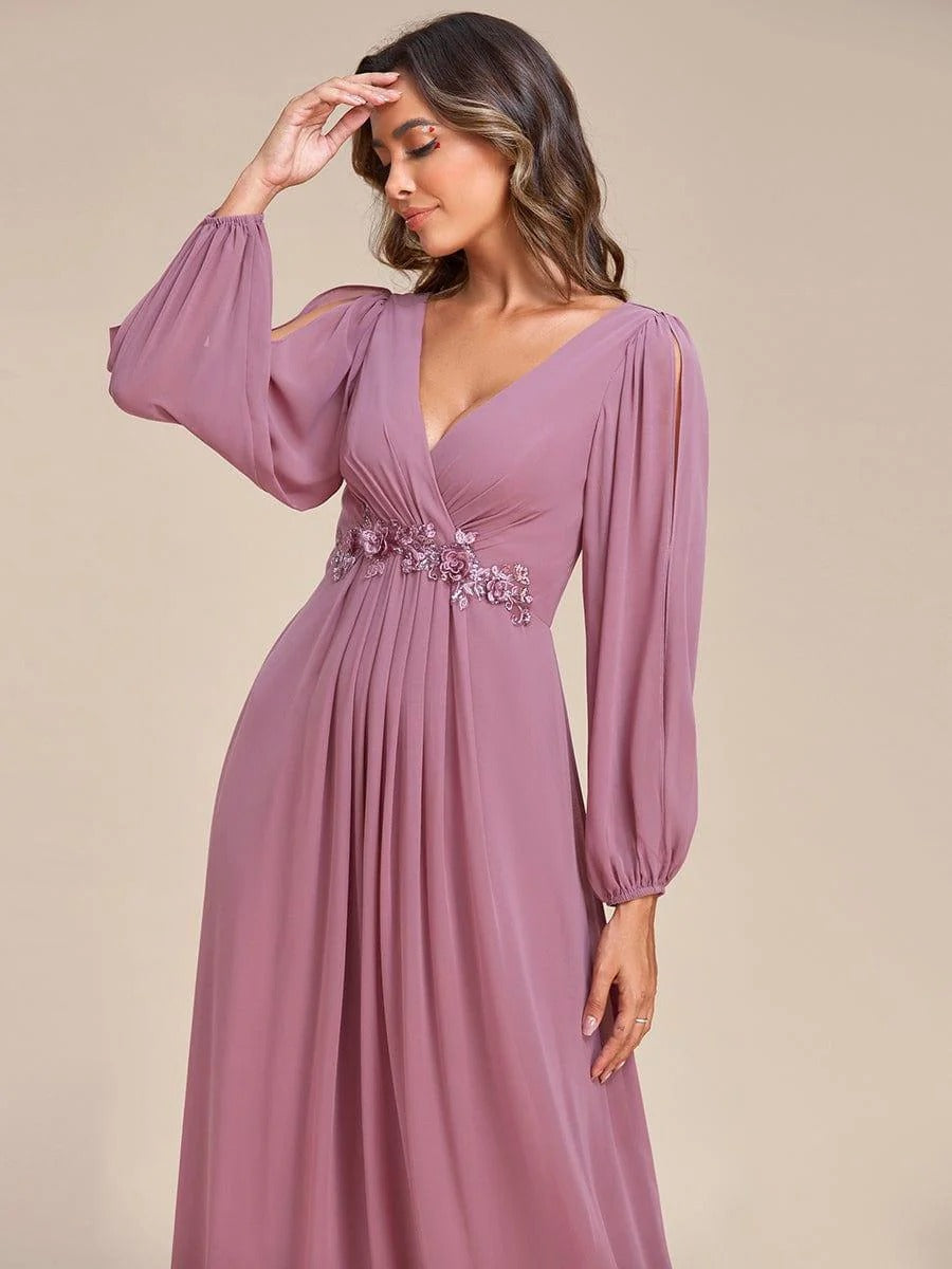 V-Neck Long Sleeve Chiffon Evening Dress