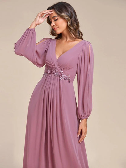 V-Neck Long Sleeve Chiffon Evening Dress