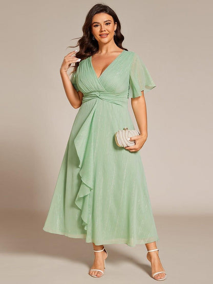 Sheer Sleeve Twist Knot Shimmering Evening Dress