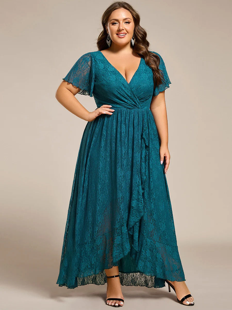 Plus Size Ruffled Lace A-Line Evening Dress