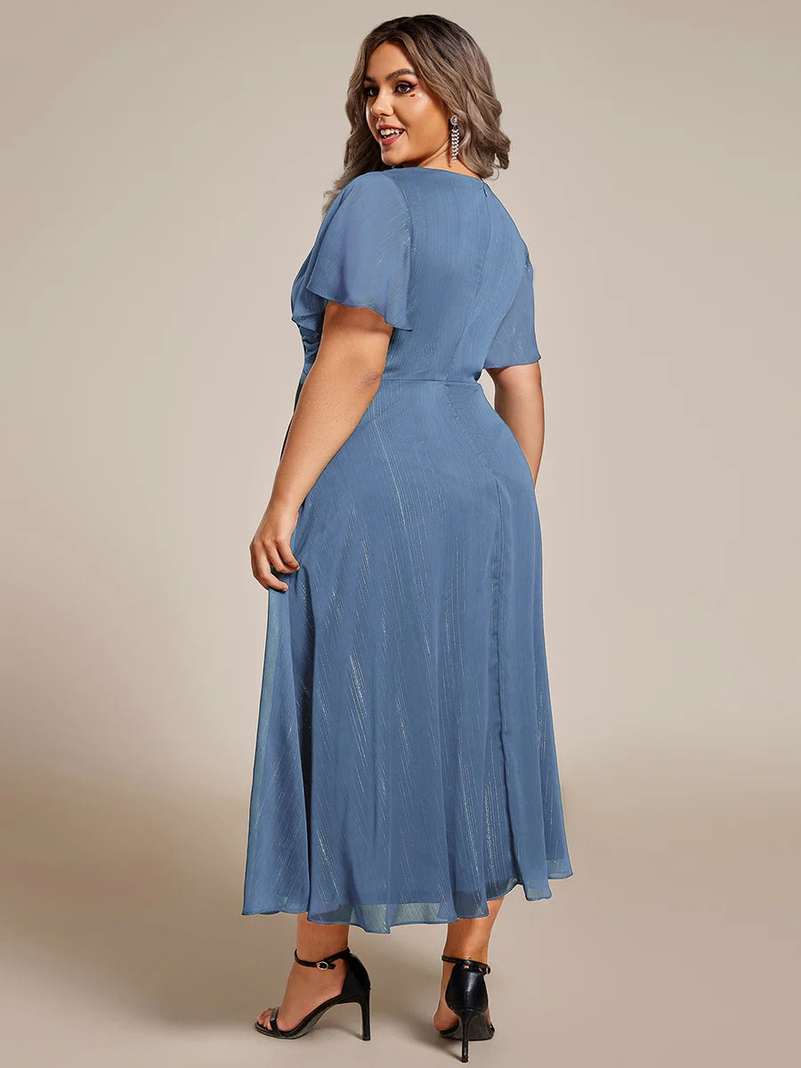 Sheer Sleeve Twist Knot Shimmering Evening Dress