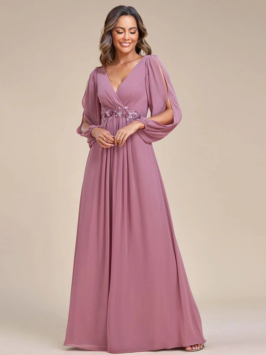 V-Neck Long Sleeve Chiffon Evening Dress