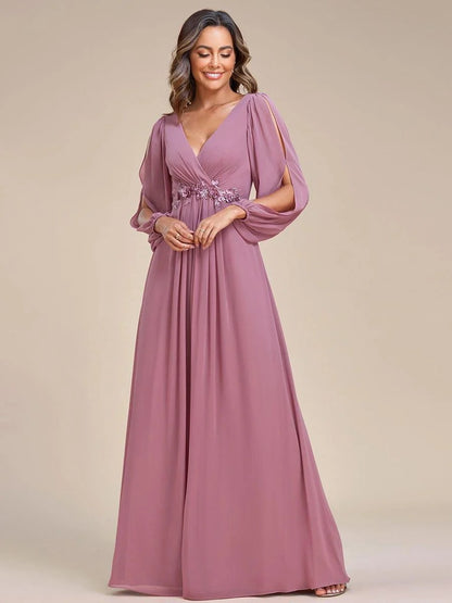 V-Neck Long Sleeve Chiffon Evening Dress