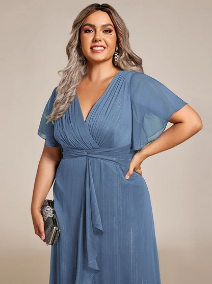 Sheer Sleeve Twist Knot Shimmering Evening Dress