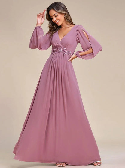 V-Neck Long Sleeve Chiffon Evening Dress