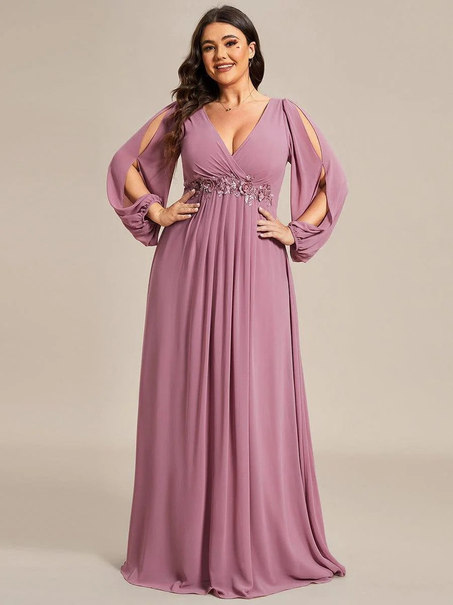 V-Neck Long Sleeve Chiffon Evening Dress