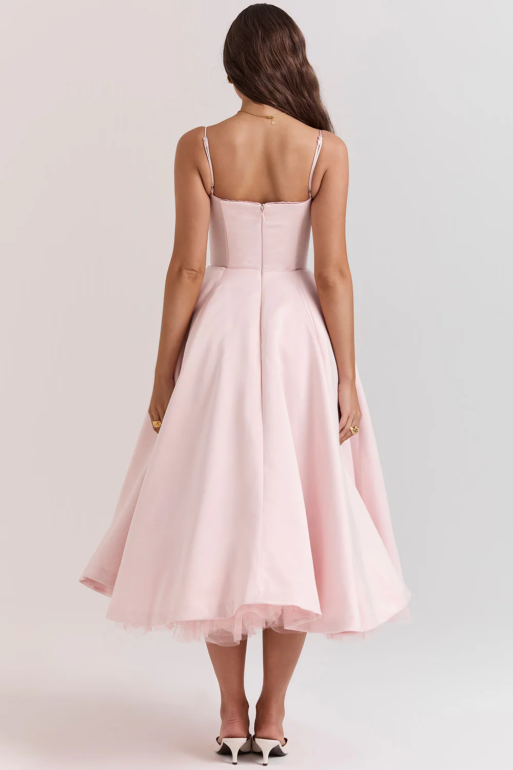 Bustier Midi Dress with Lace Trim and Full Skirt