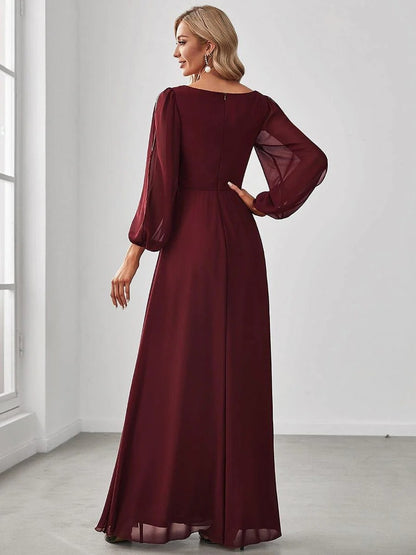 V-Neck Long Sleeve Chiffon Evening Dress
